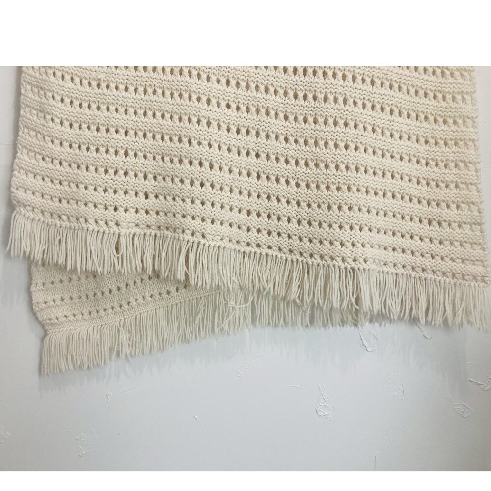Handmade Afghan Throw Blanket Fringe Cream Ivory Cottage Crochet Knitted Ecru Wh - Picture 8 of 8